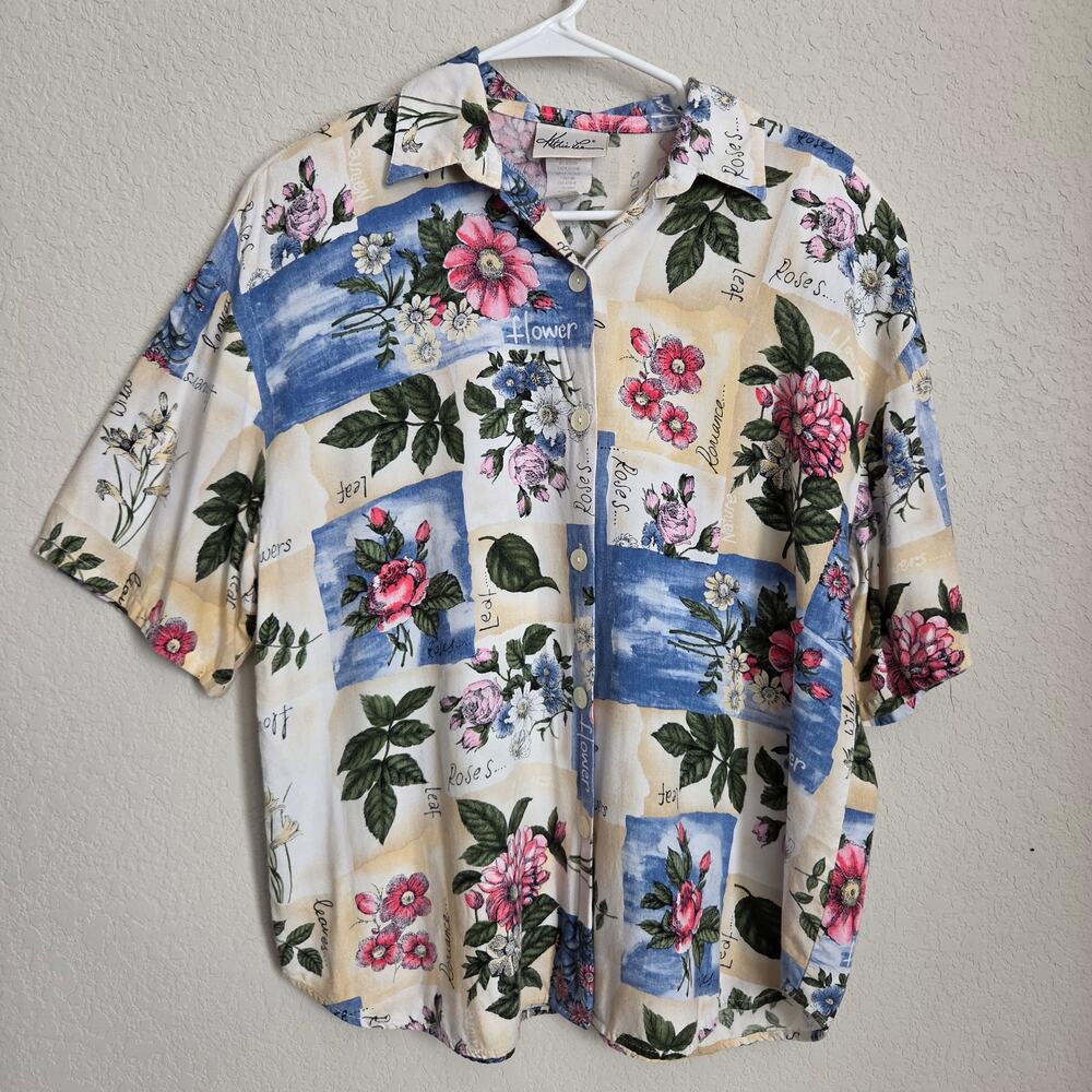 Vintage Floral Short Sleeve Shirt Kathie Lee Womens 14 90s Casual Summer Spring